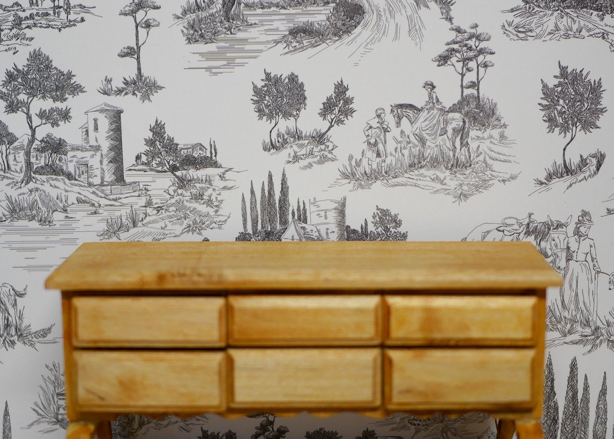 1:12 Scale Miniature Toile Peel and Stick Wallpaper, Pastoral Scenes, 8 x 11 inch, DIY Dollhouse Supply (gray)