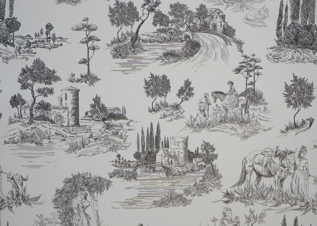 1:12 scale miniature gray toile peel and stick wallpaper with pastoral scenes of trees, cottages and figures on white