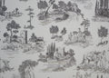 1:12 scale miniature gray toile peel and stick wallpaper with pastoral scenes of trees, cottages and figures on white