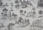 1:12 scale miniature gray toile peel and stick wallpaper with pastoral scenes of trees, cottages and figures on white