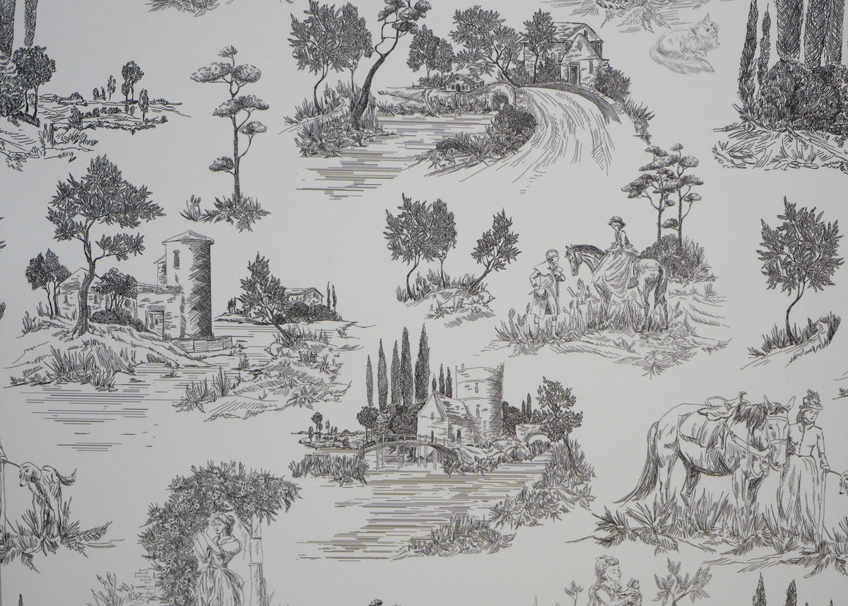 1:12 scale miniature gray toile peel and stick wallpaper with pastoral scenes of trees, cottages and figures on white