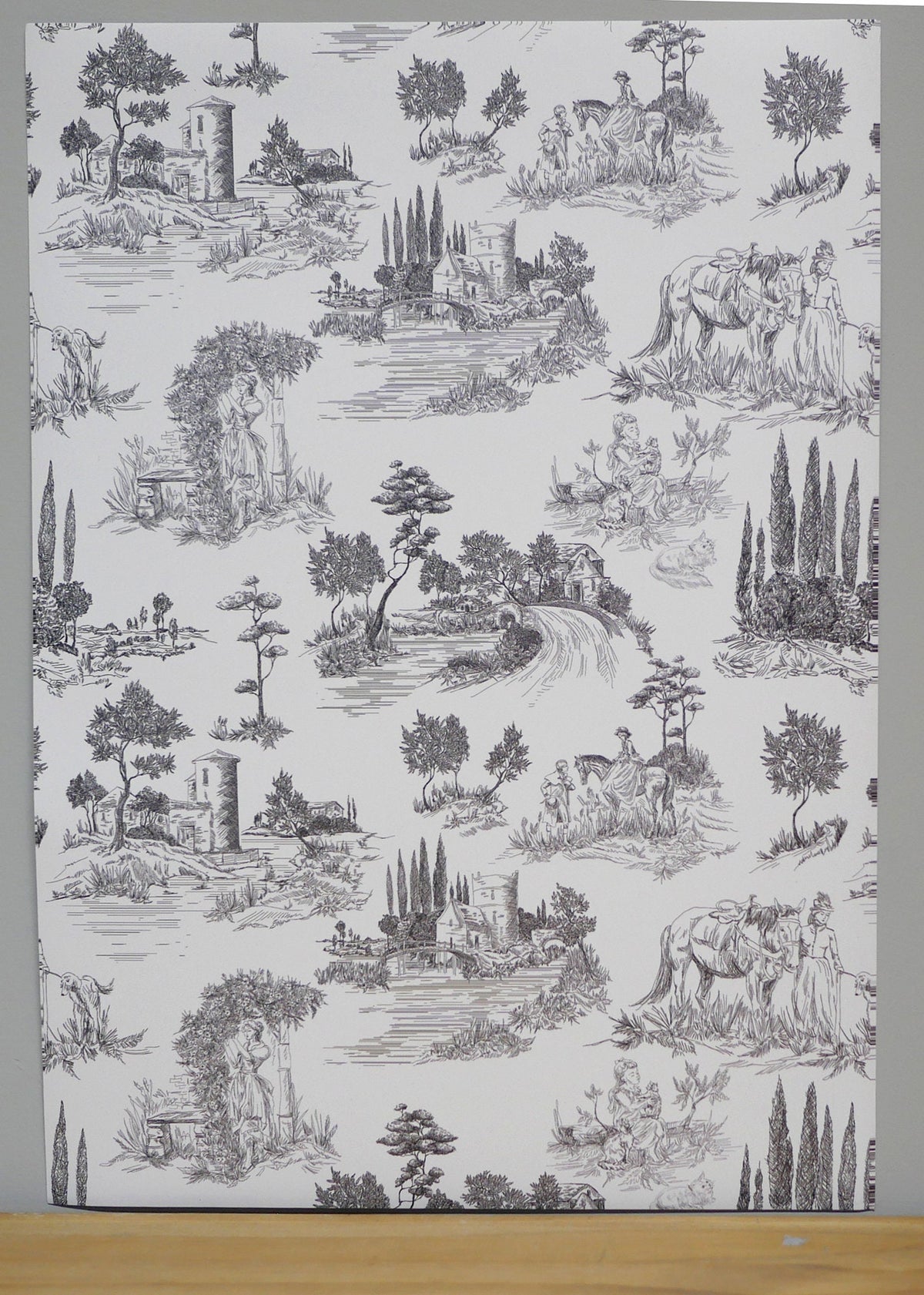 1:12 Scale Miniature Toile Peel and Stick Wallpaper, Pastoral Scenes, 8 x 11 inch, DIY Dollhouse Supply (gray)