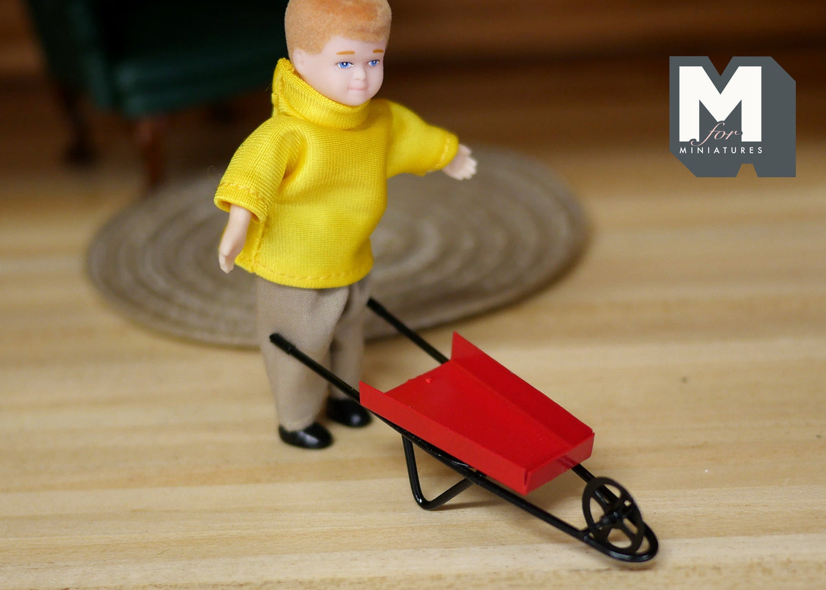 1:12 Scale Miniature Metal Child's Wheelbarrow, 3-3/8 inch long, DIY Dollhouse Supply (red and black)