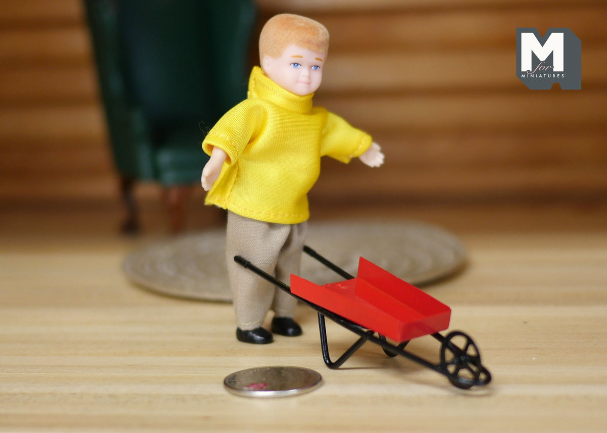 1:12 Scale Miniature Metal Child's Wheelbarrow, 3-3/8 inch long, DIY Dollhouse Supply (red and black)
