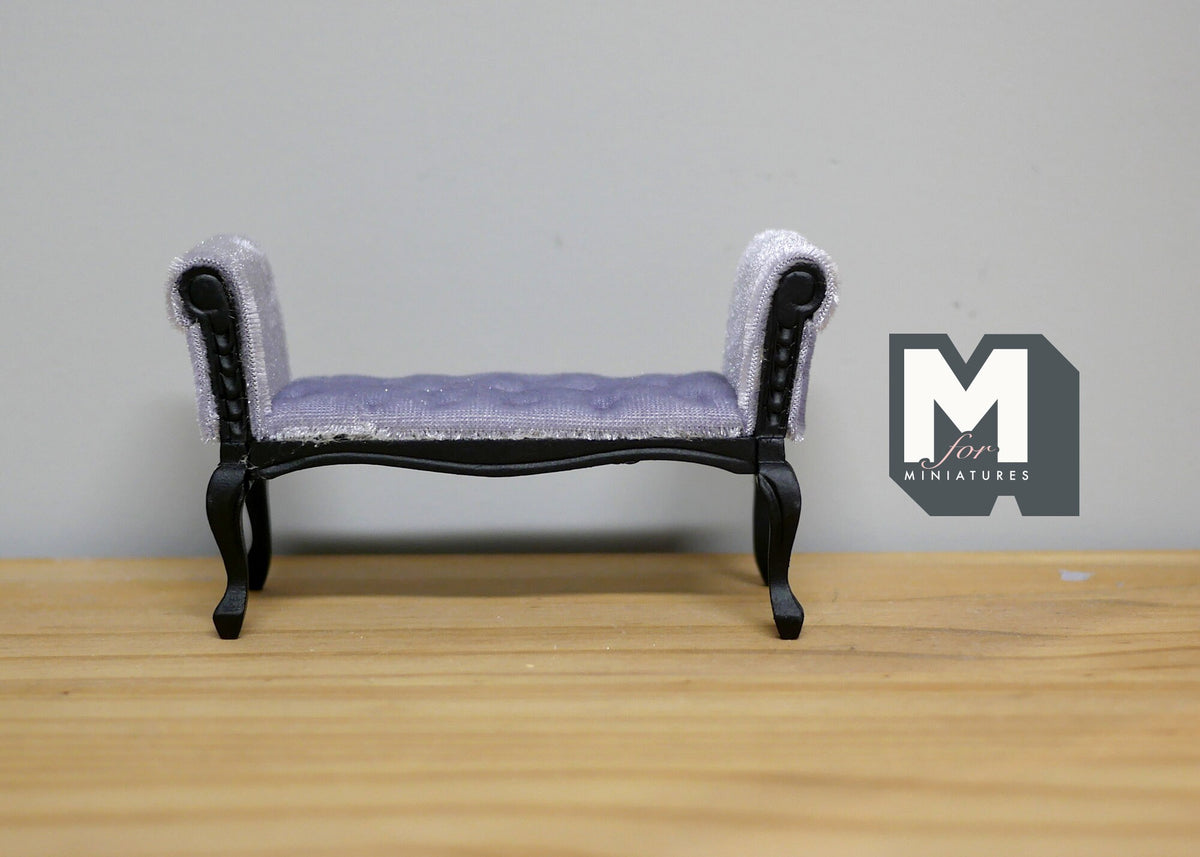 1:12 Scale Miniature Upholstered Chaise Bench, Carved Wood Frame, 4-7/16 inch long, DIY Dollhouse Supply (lavender and black)