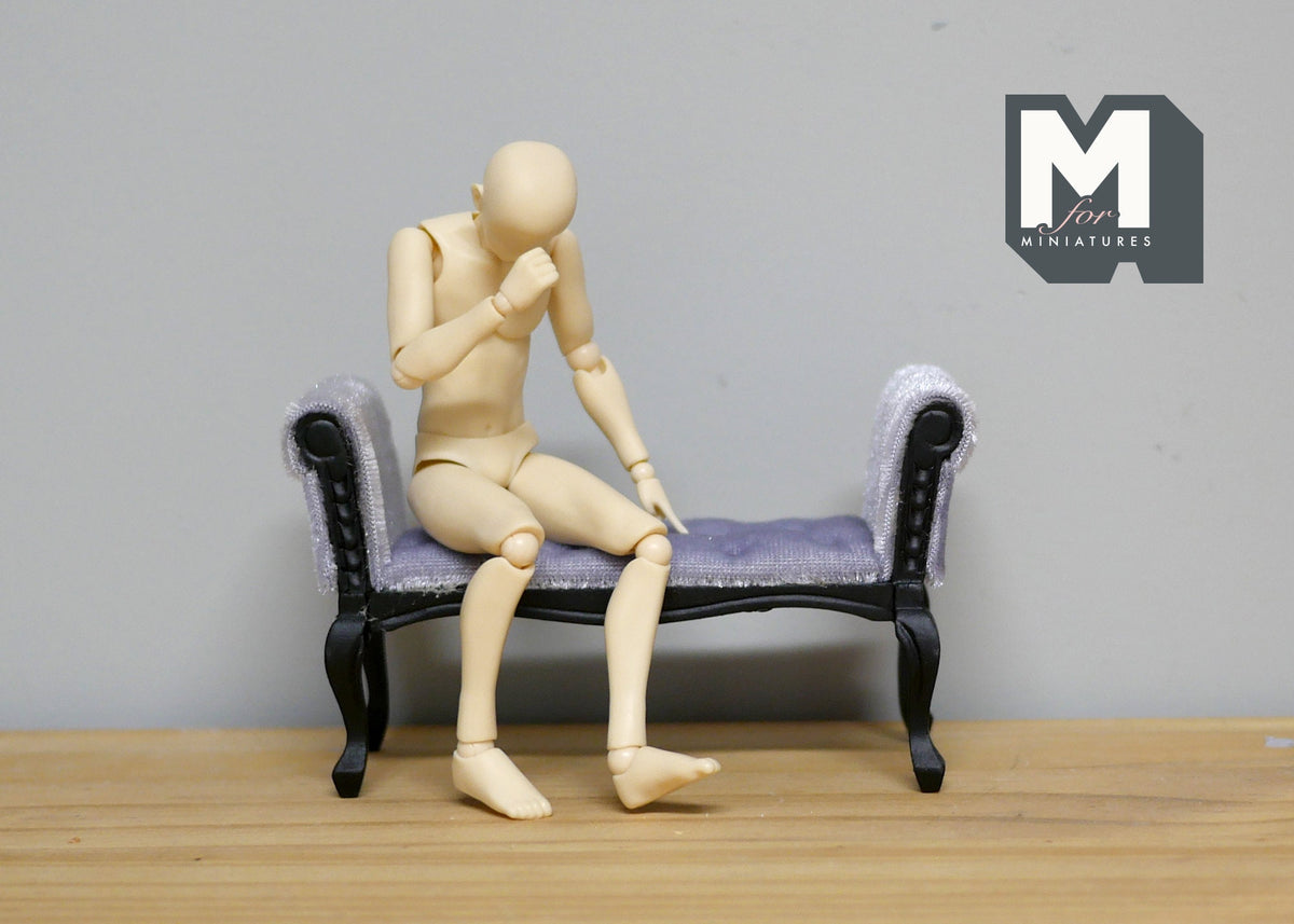 1:12 Scale Miniature Upholstered Chaise Bench, Carved Wood Frame, 4-7/16 inch long, DIY Dollhouse Supply (lavender and black)