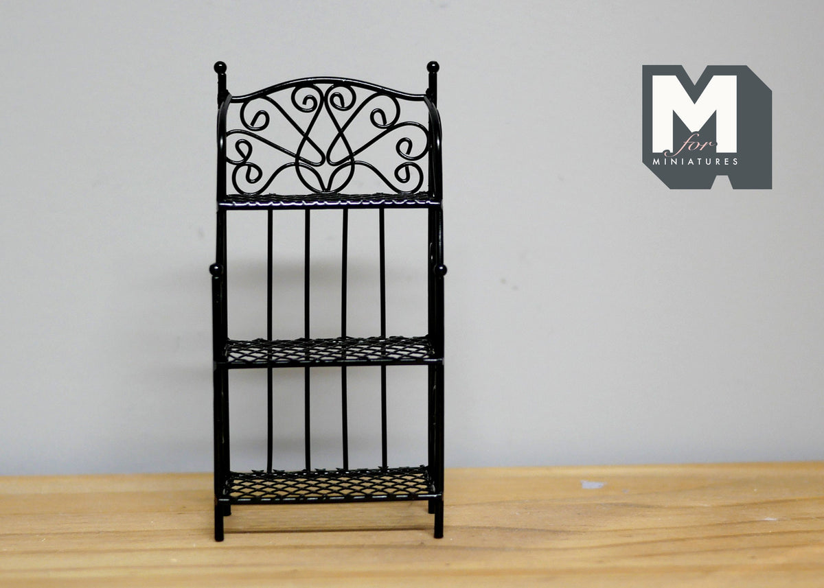 1:12 Scale Miniature Metal Baker's Rack, Scroll Top, 3 Shelves, 4-1/8 inch tall, DIY Dollhouse Supply (black)