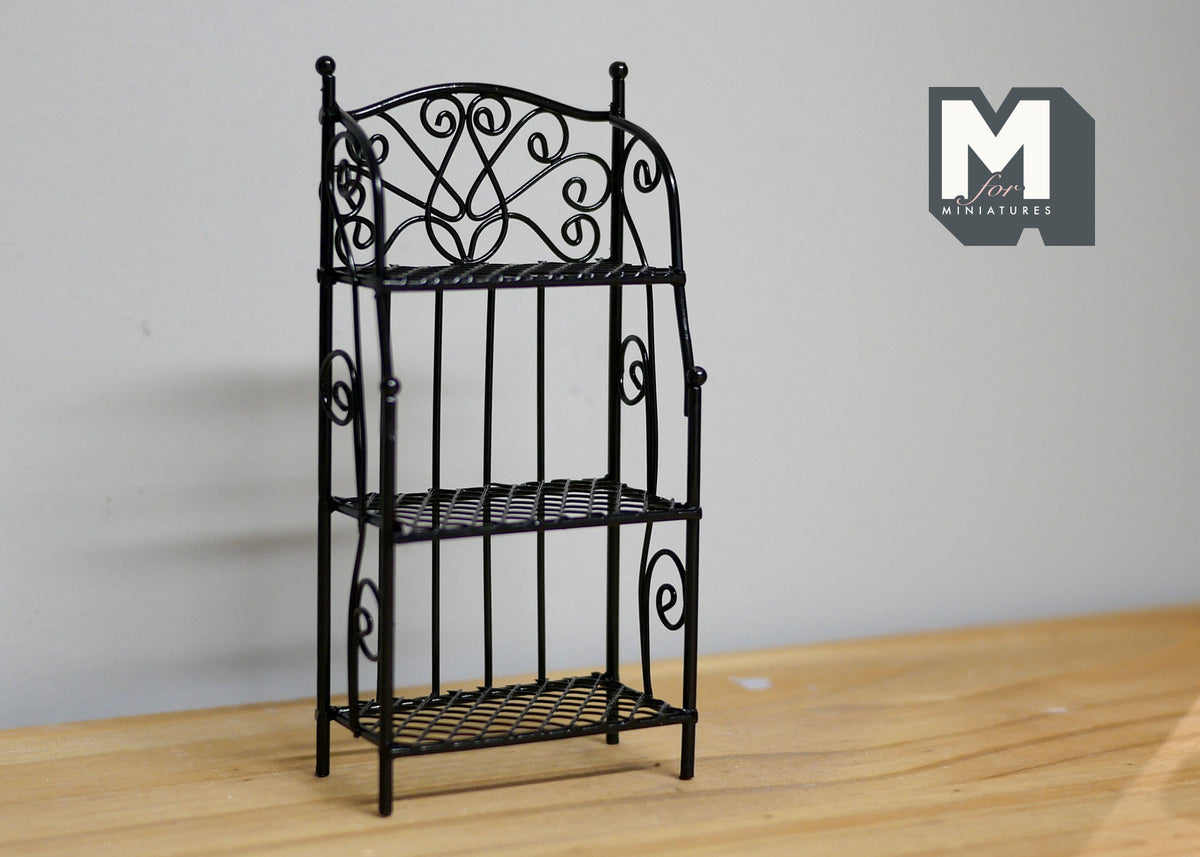 1:12 Scale Miniature Metal Baker's Rack, Scroll Top, 3 Shelves, 4-1/8 inch tall, DIY Dollhouse Supply (black)