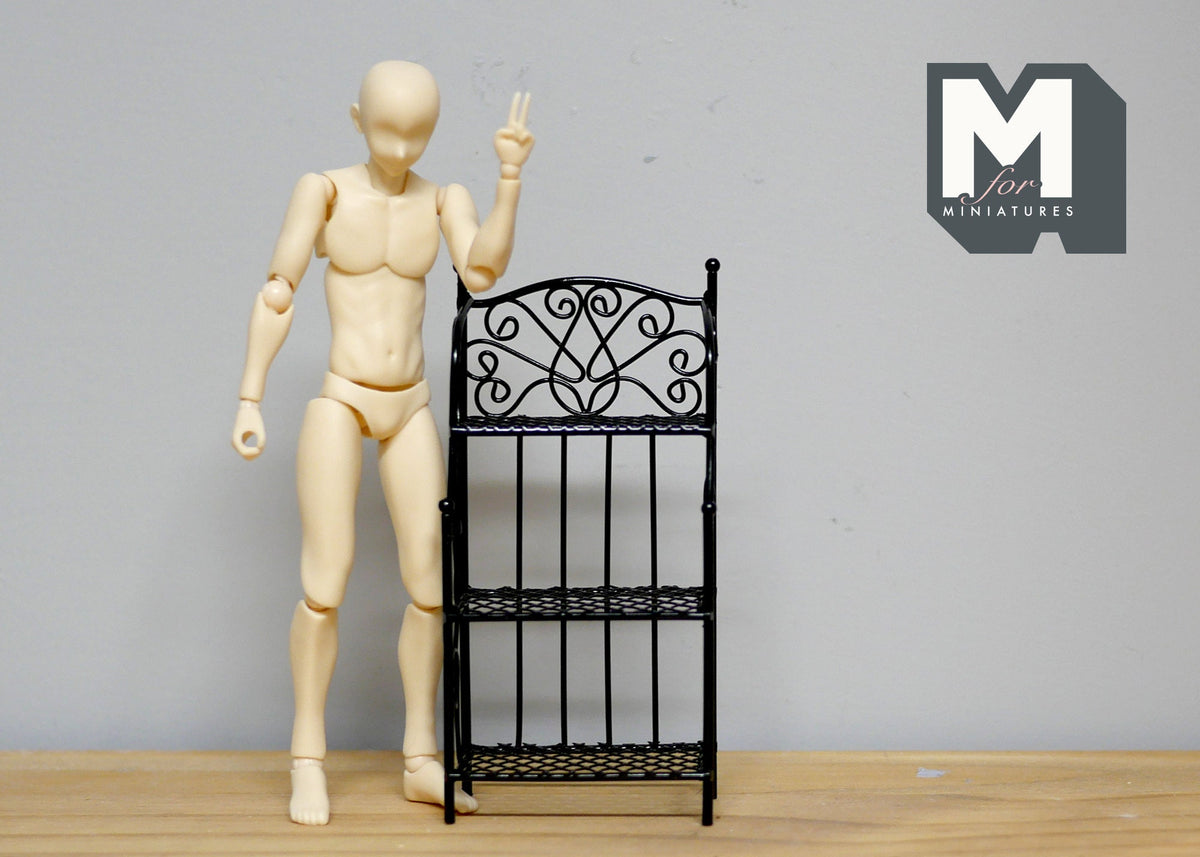 1:12 Scale Miniature Metal Baker's Rack, Scroll Top, 3 Shelves, 4-1/8 inch tall, DIY Dollhouse Supply (black)