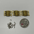 1:12 scale miniature drawer pulls with screws in copper, set of 12, shown in rows beside a coin for scale