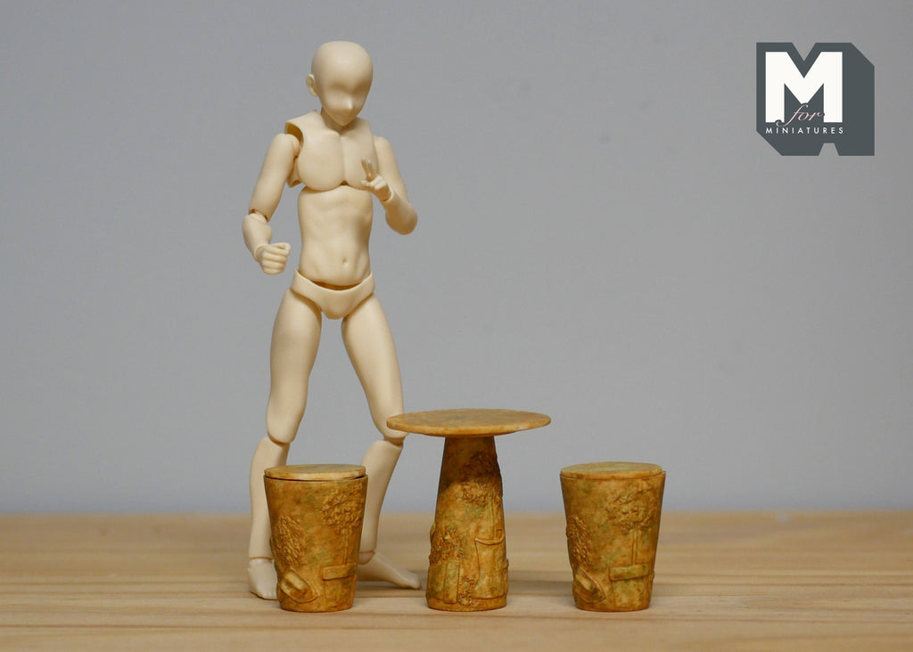 1:12 Scale Miniature Stone Look Garden Table and Stools, Set of 3, 1-15/16 inch tall, DIY Dollhouse Supply (amber)