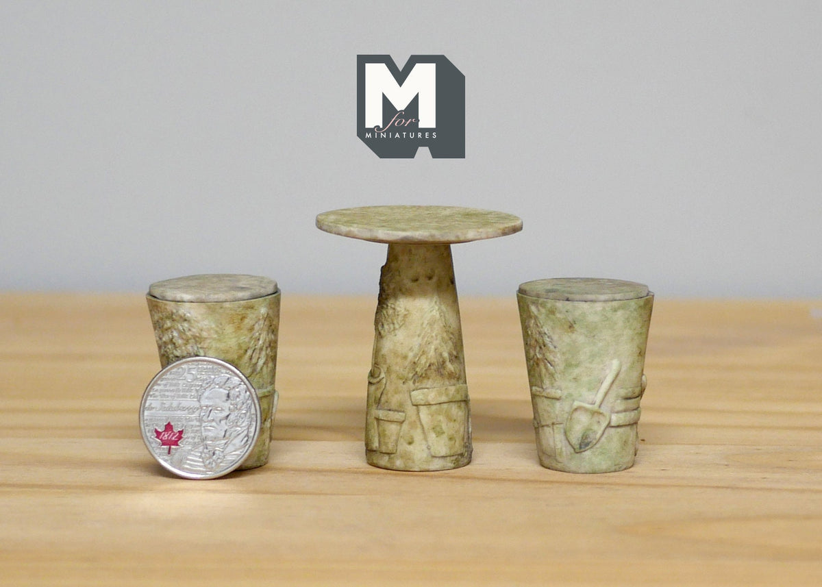 1:12 Scale Miniature Stone Look Garden Table and Stools, Set of 3, 1-15/16 inch tall, DIY Dollhouse Supply (gray)
