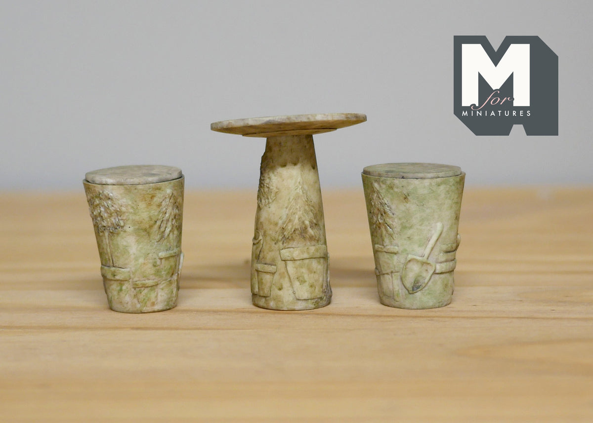 1:12 Scale Miniature Stone Look Garden Table and Stools, Set of 3, 1-15/16 inch tall, DIY Dollhouse Supply (gray)