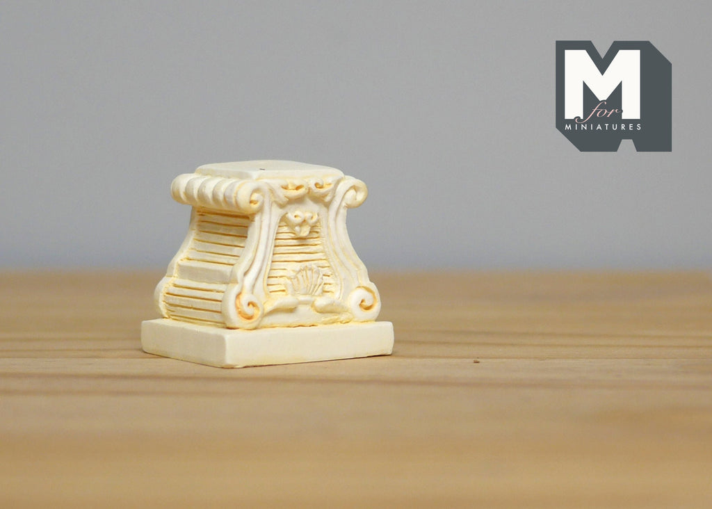 1:12 Scale Miniature Ornate Pedestal Base, Carved Scroll Relief, 1-5/16 inch tall, DIY Dollhouse Supply (cast resin) (ivory)