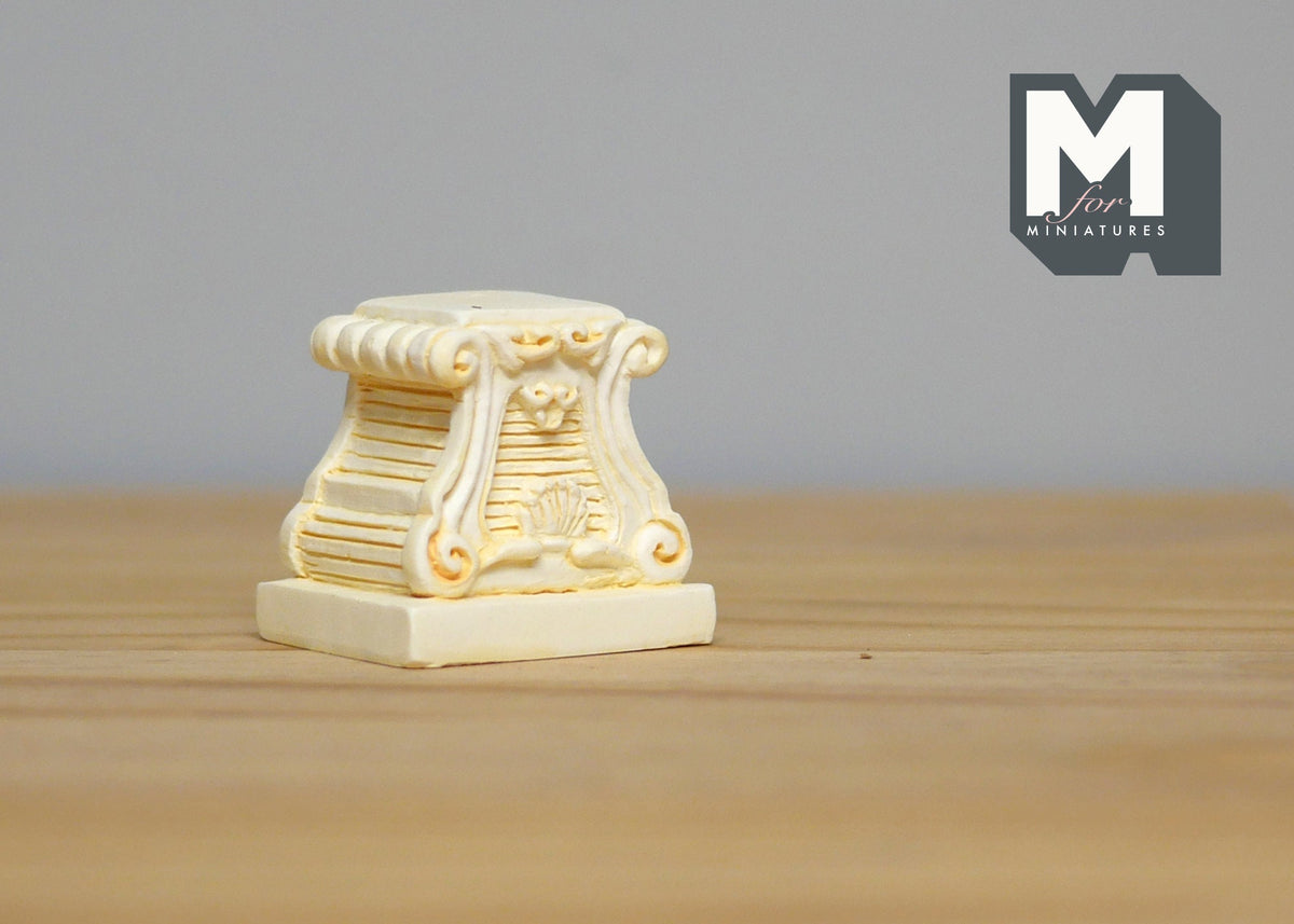 1:12 Scale Miniature Ornate Pedestal Base, Carved Scroll Relief, 1-5/16 inch tall, DIY Dollhouse Supply (cast resin) (ivory)