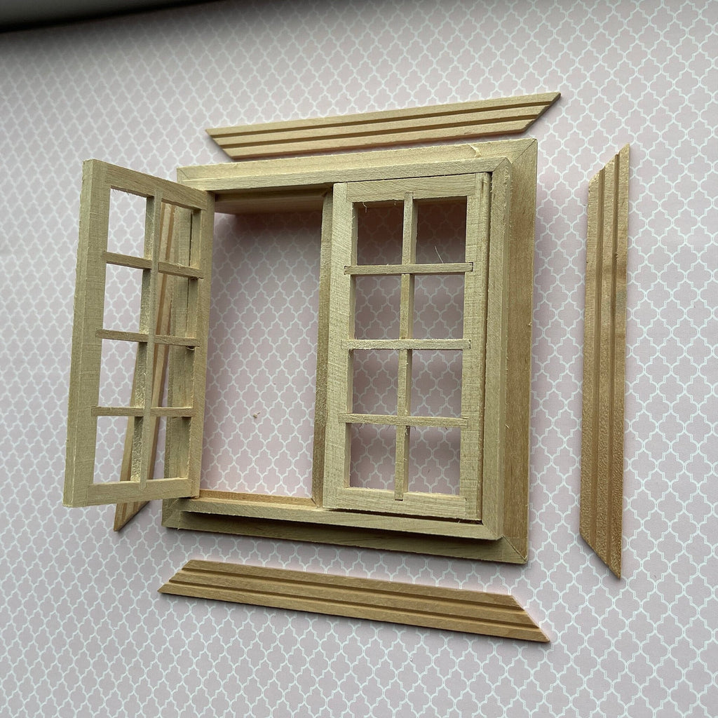 1:12 Scale Miniature Double Swing In 8 Pane Window, 4-11/16 inch high Dollhouse Supply (with back trim)