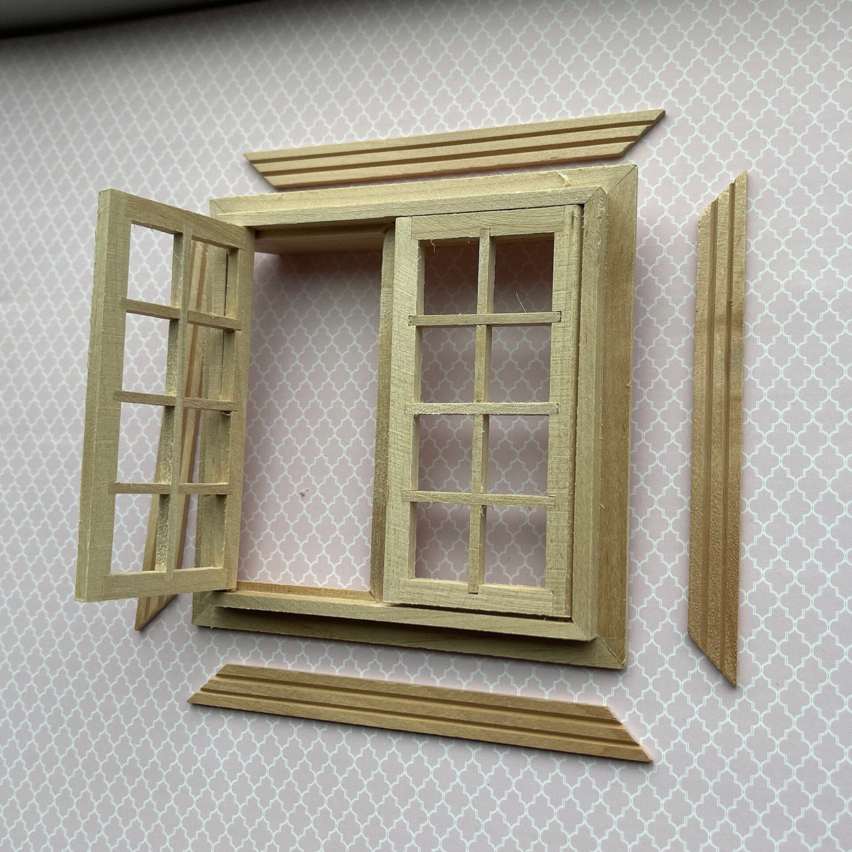 1:12 Scale Miniature Double Swing In 8 Pane Window, 4-11/16 inch high Dollhouse Supply (with back trim)