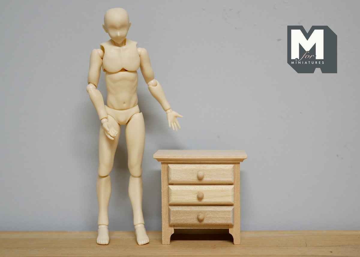 1:12 Scale Miniature Unpainted Wood Nightstand, 3 Drawers, 2-5/16 inch tall, DIY Dollhouse Supply