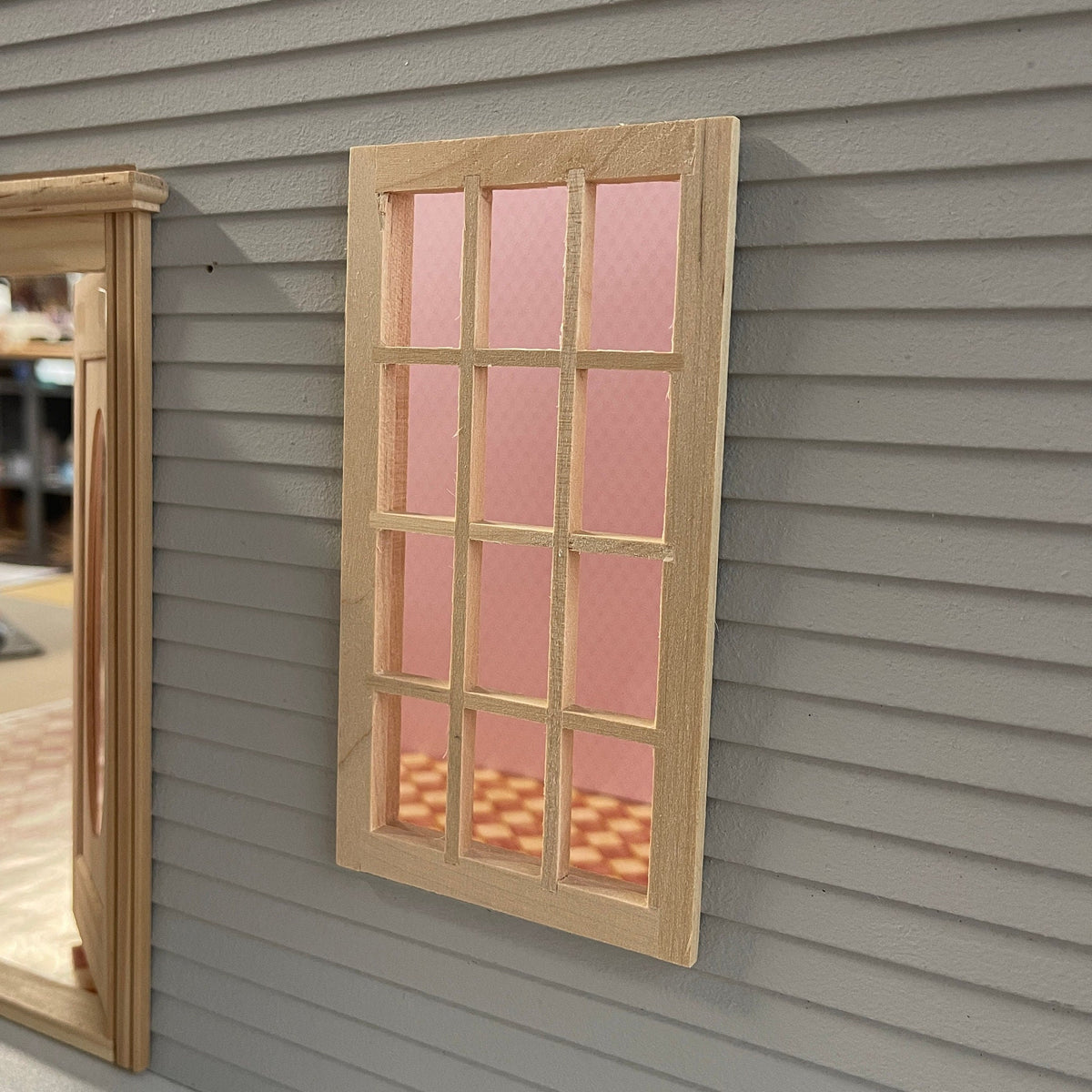 1:12 Scale Miniature Unpainted 12 Pane Window with Back Trim and Acrylic Pane, 5-3/16 inch high Dollhouse Supply