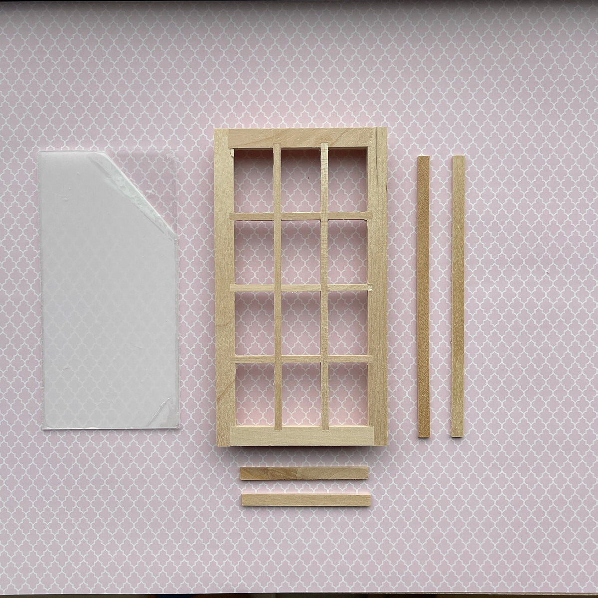 1:12 Scale Miniature Unpainted 12 Pane Window with Back Trim and Acrylic Pane, 5-3/16 inch high Dollhouse Supply