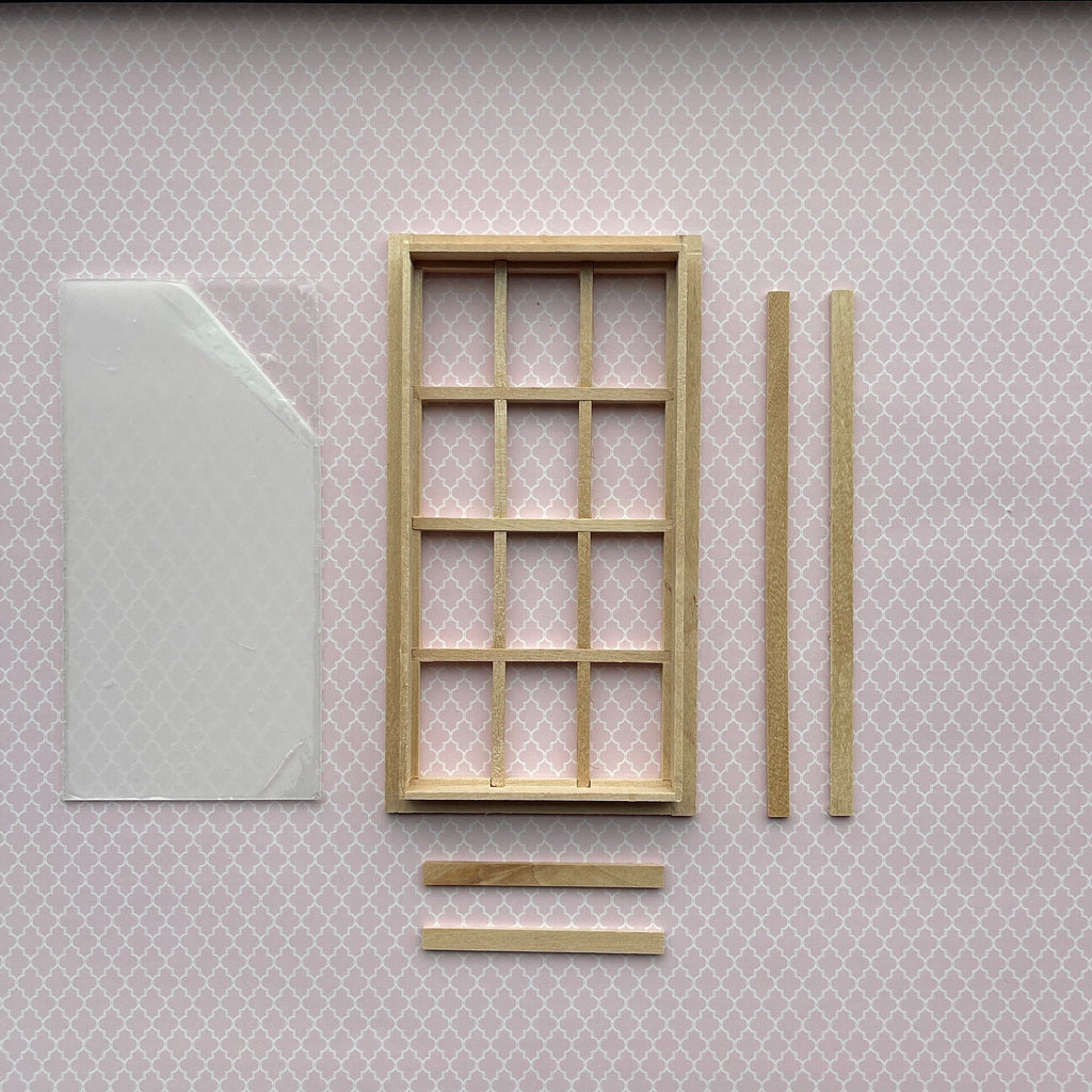 1:12 Scale Miniature Unpainted 12 Pane Window with Back Trim and Acrylic Pane, 5-3/16 inch high Dollhouse Supply