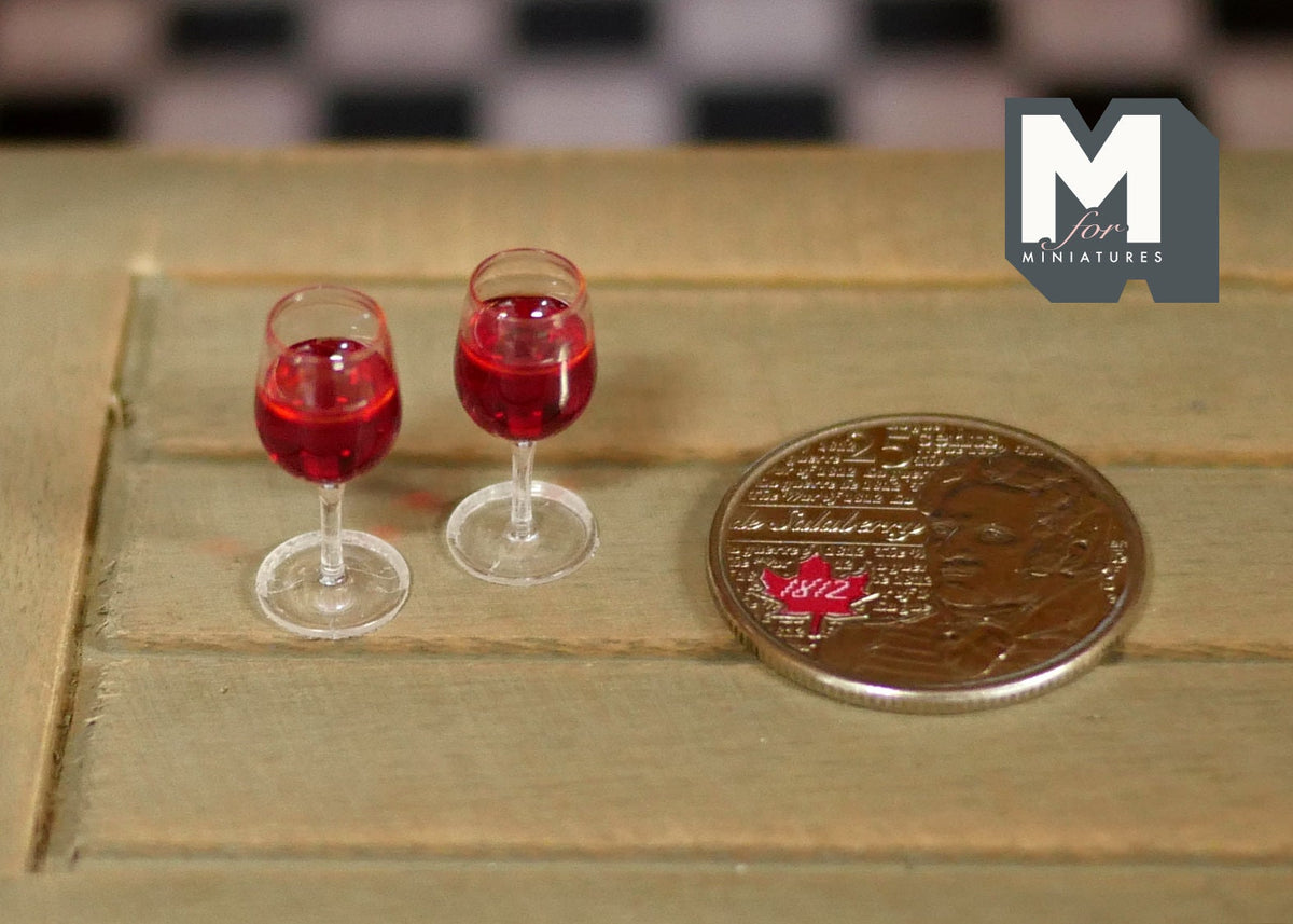 1:12 Scale Miniature Red Wine Glasses, Set of 2, 3/4 inch tall, DIY Dollhouse Supply (E)