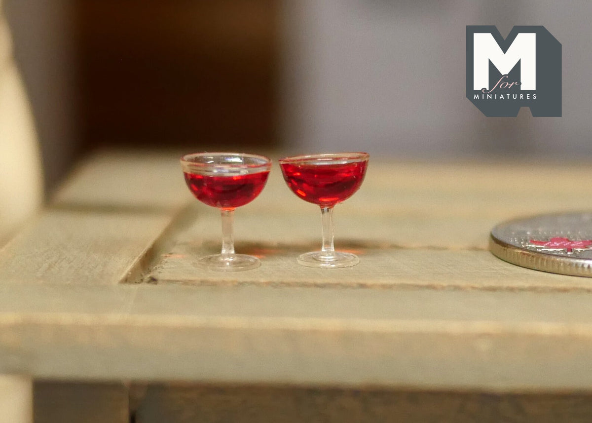 1:12 Scale Miniature Glasses of Red Wine, Set of 2, 3/8 inch tall, DIY Dollhouse Supply (F)