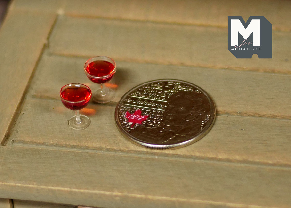 1:12 Scale Miniature Glasses of Red Wine, Set of 2, 3/8 inch tall, DIY Dollhouse Supply (F)