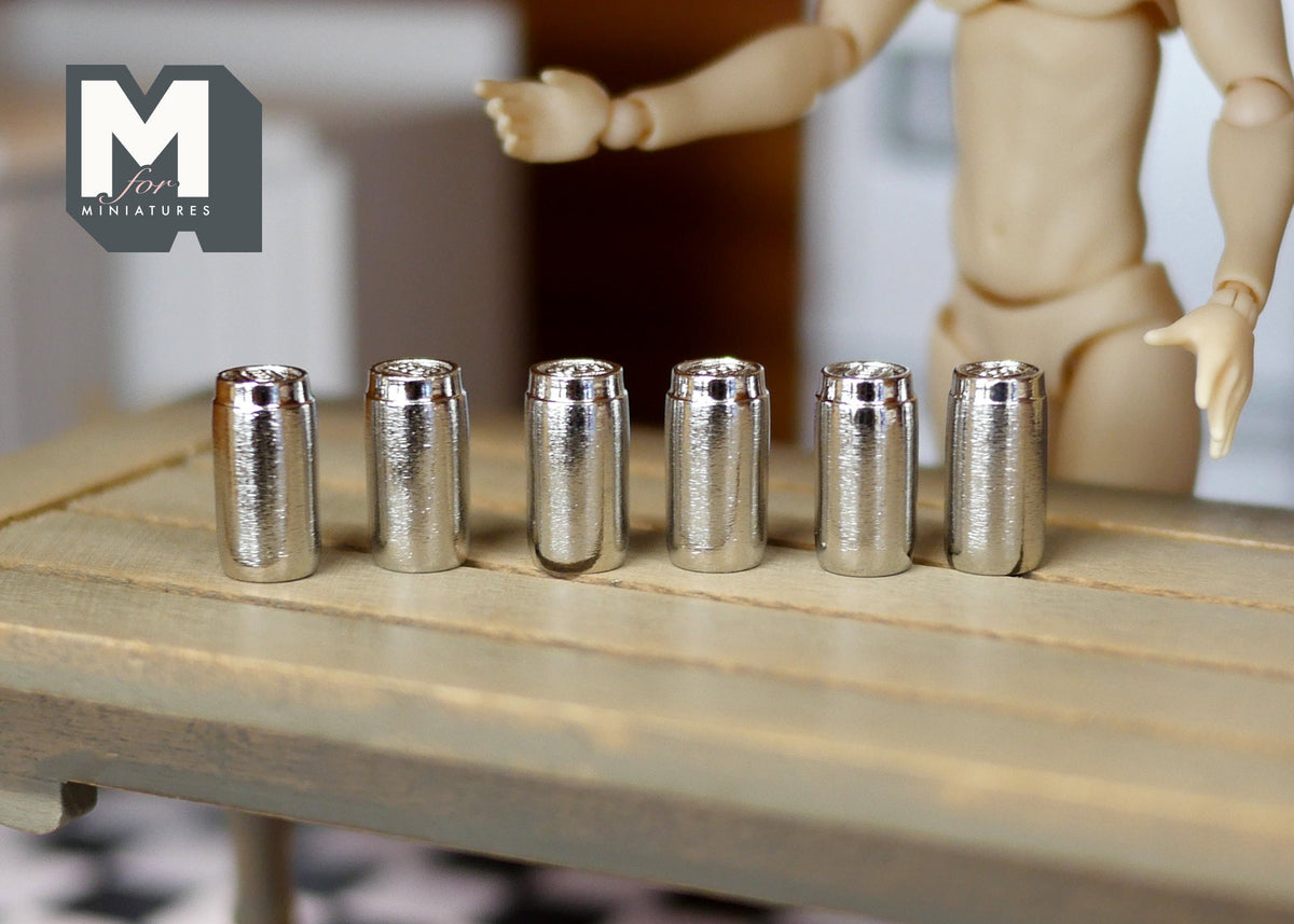1:12 Scale Miniature Drink Cans with Pull Tabs, Set of 6, 9/16 inch tall, DIY Dollhouse Supply (silver)