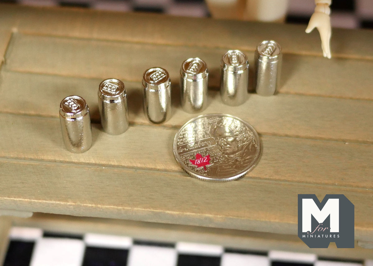 1:12 Scale Miniature Drink Cans with Pull Tabs, Set of 6, 9/16 inch tall, DIY Dollhouse Supply (silver)