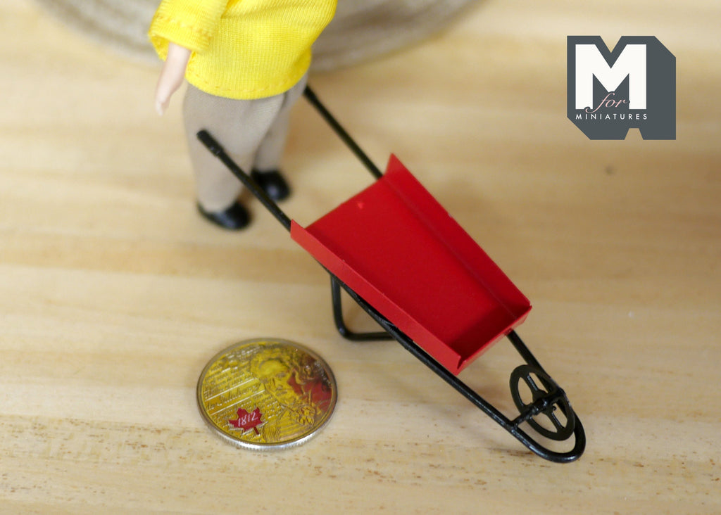 1:12 Scale Miniature Metal Child's Wheelbarrow, 3-3/8 inch long, DIY Dollhouse Supply (red and black)