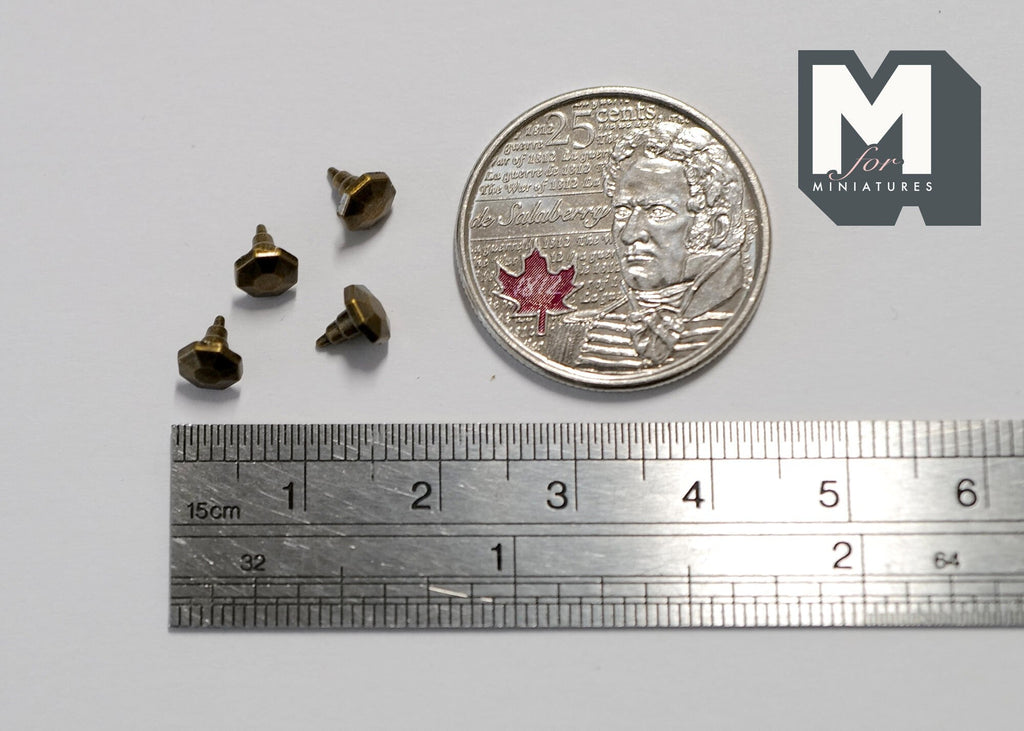 1:12 Scale Miniature Brass Faceted Cabinet Knobs, Set of 4, 3/16 inch dia., DIY Dollhouse Supply (P)