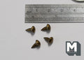 1:12 scale miniature antique brass domed cabinet knobs with pin backs, set of 4, shown with a ruler for scale