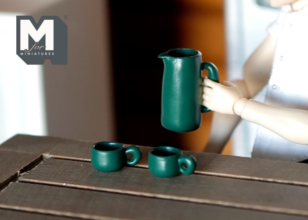 1:12 Scale Miniature Water Pot, Kettle, Cups and Mug Set, 5 Pieces, 11/16 inch tall, DIY Dollhouse Supply (dark green)