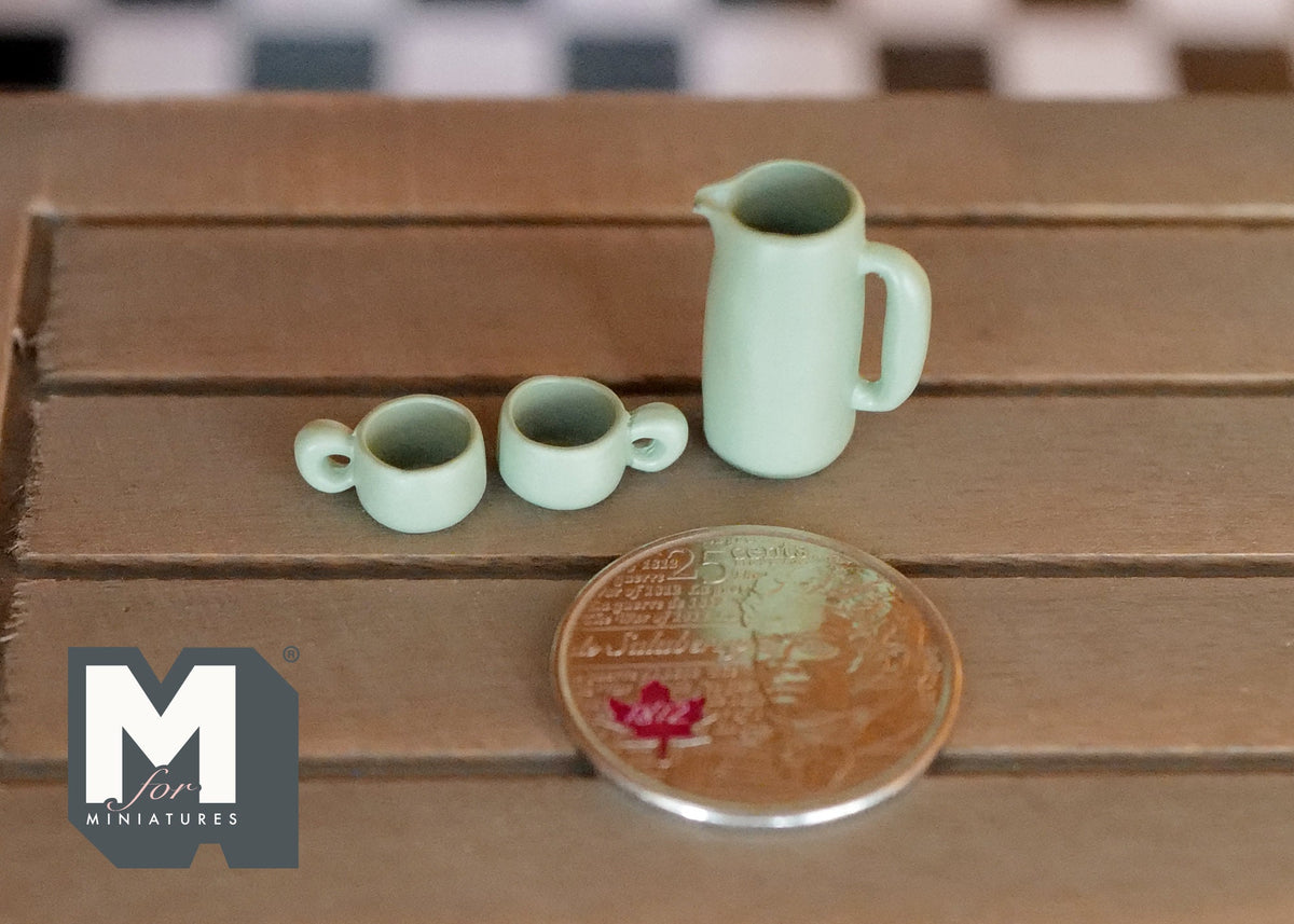 1:12 Scale Miniature Water Pot, Kettle, Cups and Mug Set, 5 Pieces, 11/16 inch tall, DIY Dollhouse Supply (sage green)