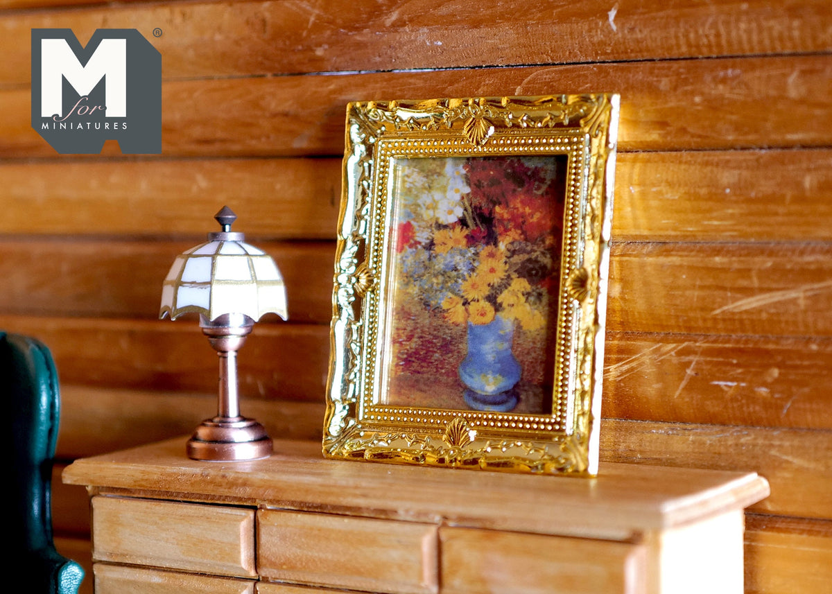 1:12 Scale Miniature Framed Flower Painting, Ornate Frame, 2-15/16 inch tall, DIY Dollhouse Supply (gold)