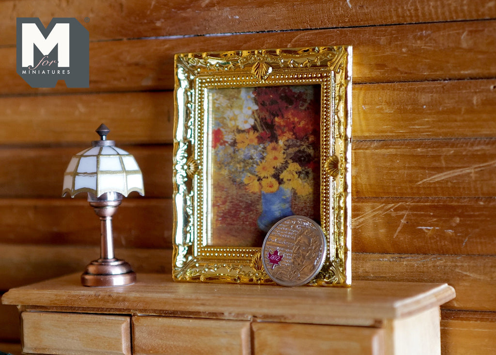 1:12 Scale Miniature Framed Flower Painting, Ornate Frame, 2-15/16 inch tall, DIY Dollhouse Supply (gold)
