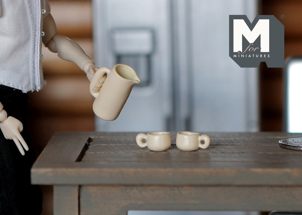 Dollhouse Supplies  miniature water tea pot with 2 cups kettle and coffee mug set - A038