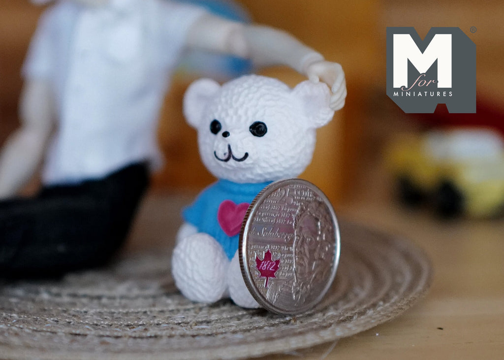 1:12 Scale Miniature Sitting Teddy Bear, Blue Top with Red Detail, 1-9/16 inch tall, DIY Dollhouse Supply (white)