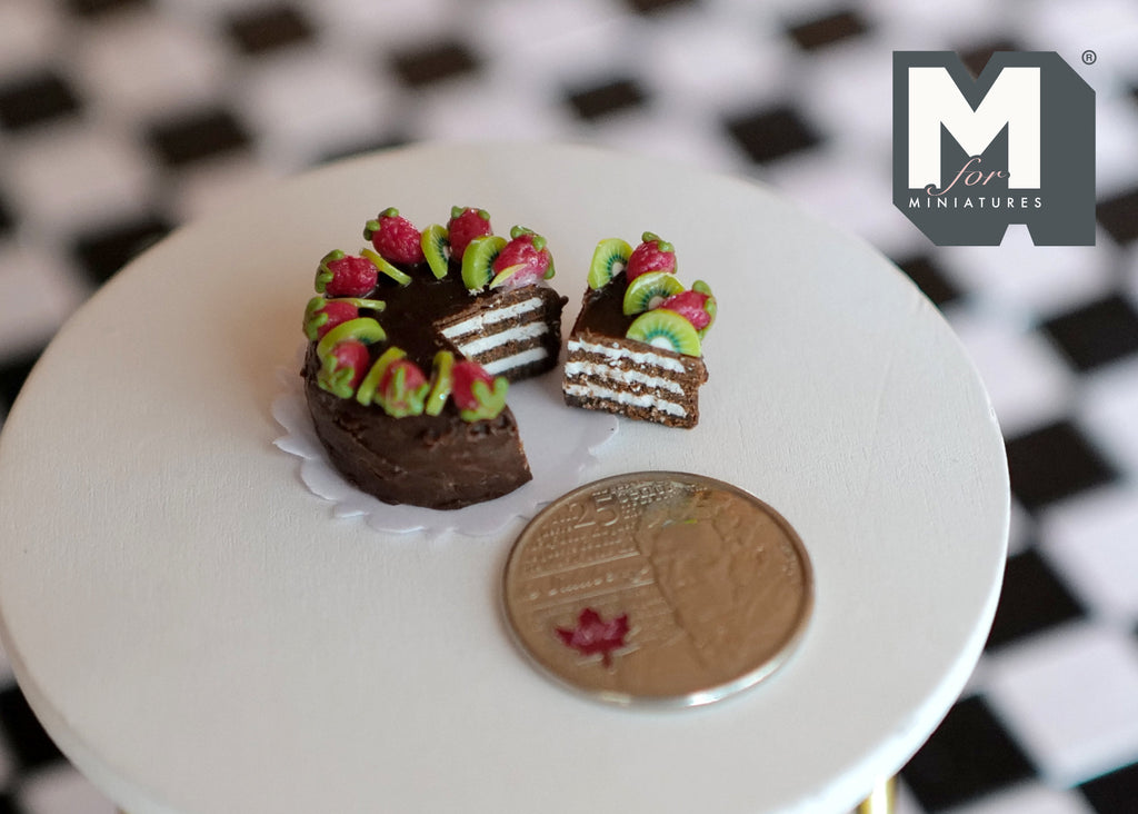 1:12 Scale Miniature Chocolate Cake with Strawberries and Kiwi, Slice Cut Out, 13/16 inch dia., DIY Dollhouse Supply