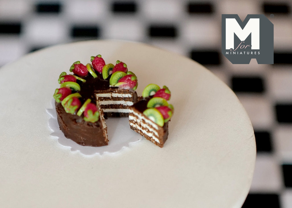 1:12 Scale Miniature Chocolate Cake with Strawberries and Kiwi, Slice Cut Out, 13/16 inch dia., DIY Dollhouse Supply