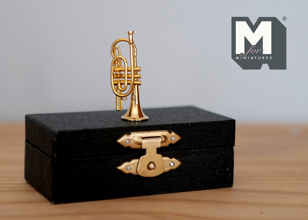 1:12 Scale Miniature Pocket Trumpet with Storage Case, 1-3/8 inch wide, DIY Dollhouse Supply (brass)
