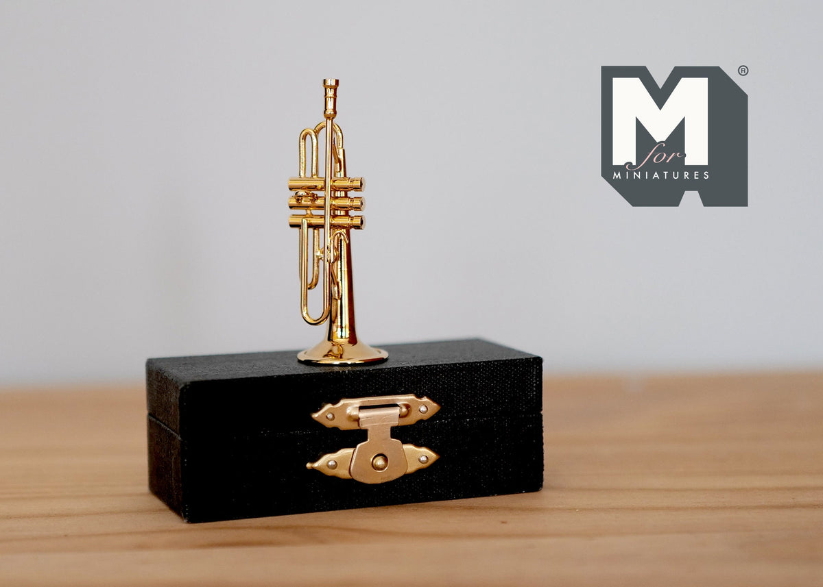 1:12 Scale Miniature Trumpet with Storage Case, 2-1/4 inch wide, DIY Dollhouse Supply (brass)