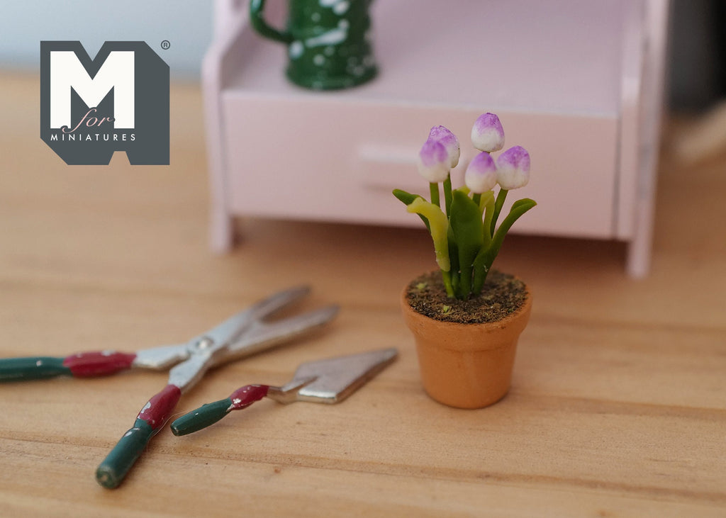 1:12 Scale Miniature Potted Tulips, Terracotta Pot, 1-1/4 inch tall, DIY Dollhouse Supply (pink)