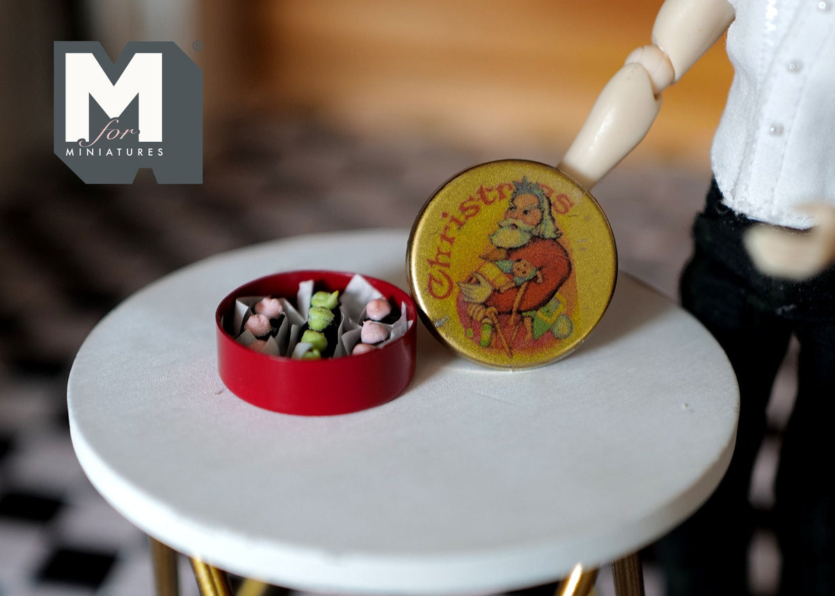 1:12 Scale Miniature Christmas Tin of Chocolates, 1 inch dia., DIY Dollhouse Supply (red)