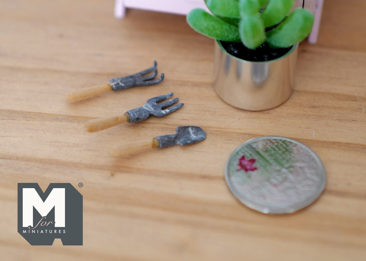 1:12 Scale Miniature Garden Hand Tools, Trowel, Fork and Rake, Set of 3, 9/16 inch long, DIY Dollhouse Supply