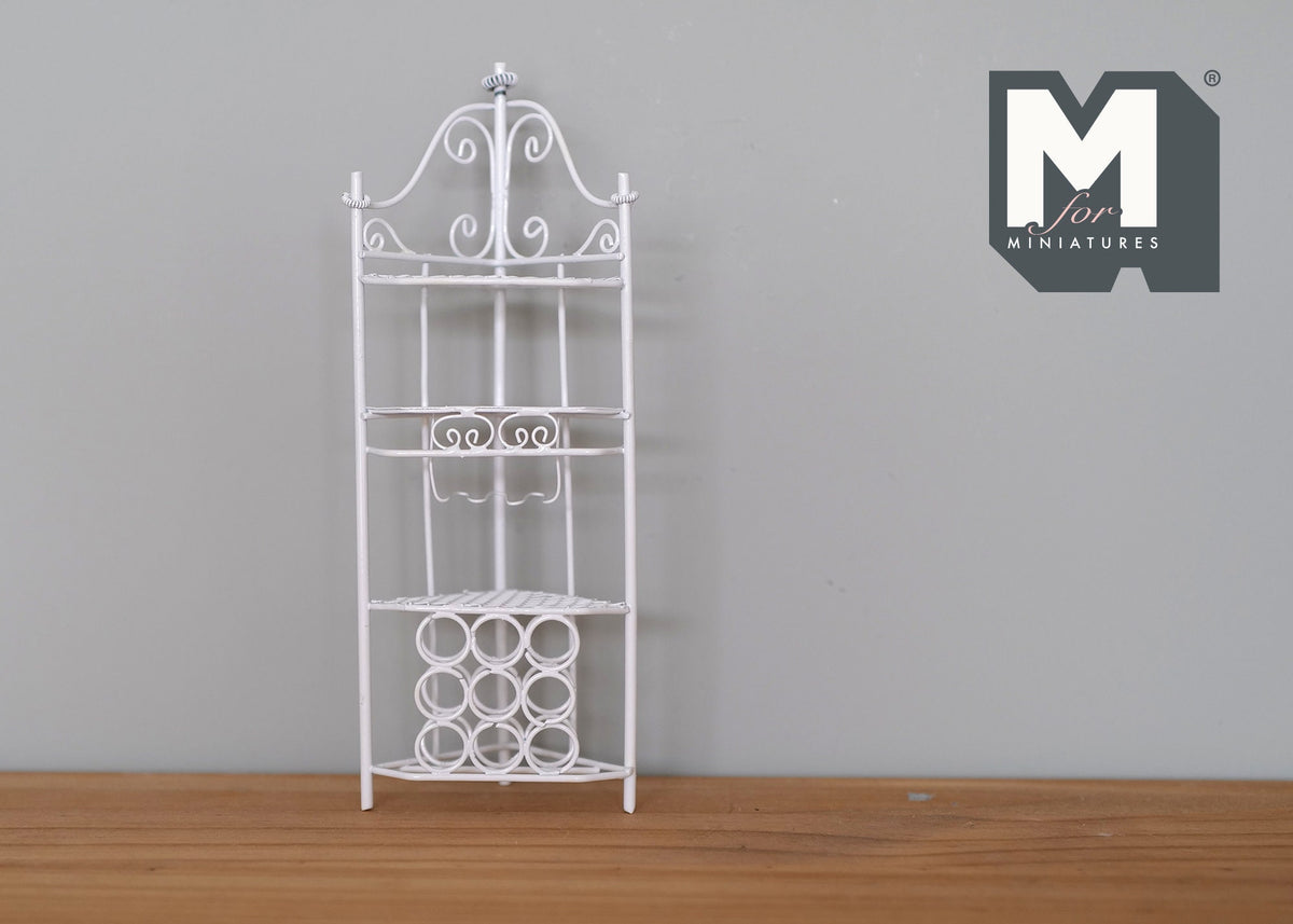 1:12 Scale Miniature Metal Corner Shelf Rack, 4 Tiers, Arched Top, 6-15/16 inch tall, DIY Dollhouse Supply (white)