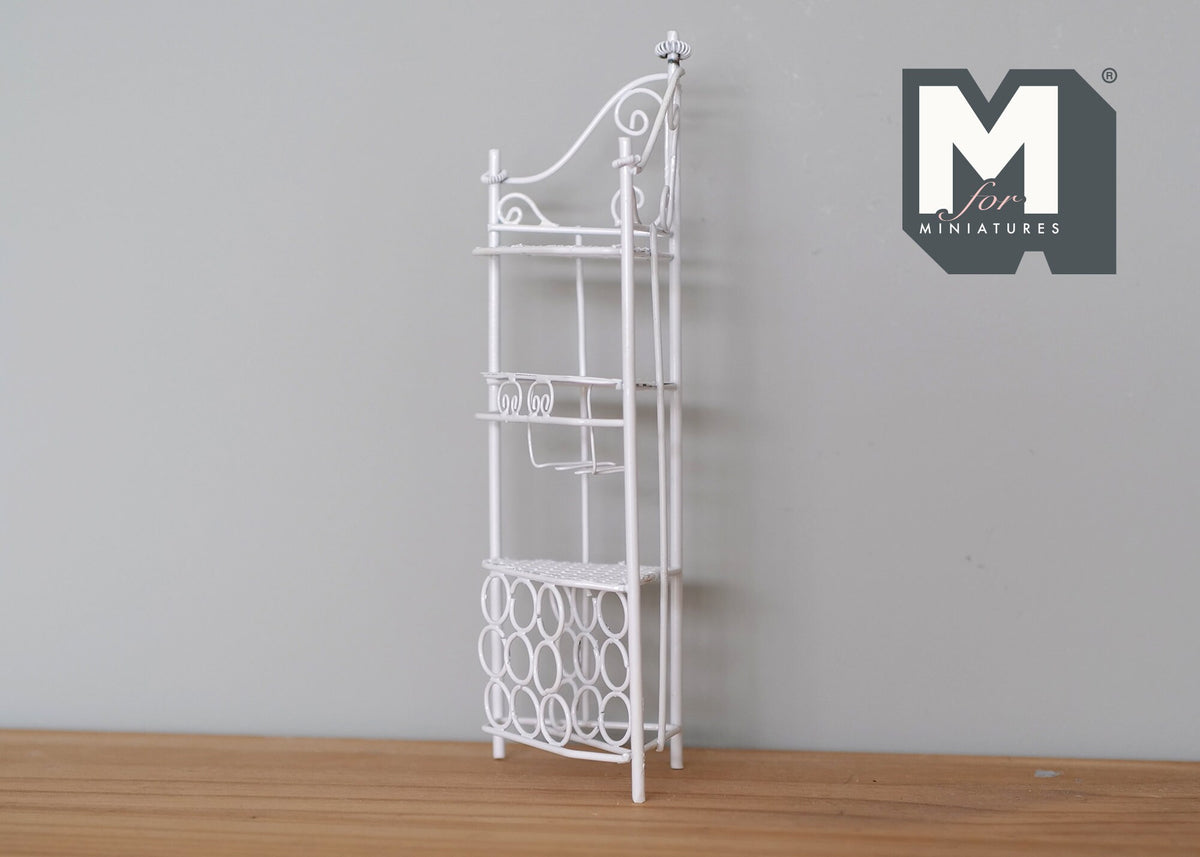 1:12 Scale Miniature Metal Corner Shelf Rack, 4 Tiers, Arched Top, 6-15/16 inch tall, DIY Dollhouse Supply (white)