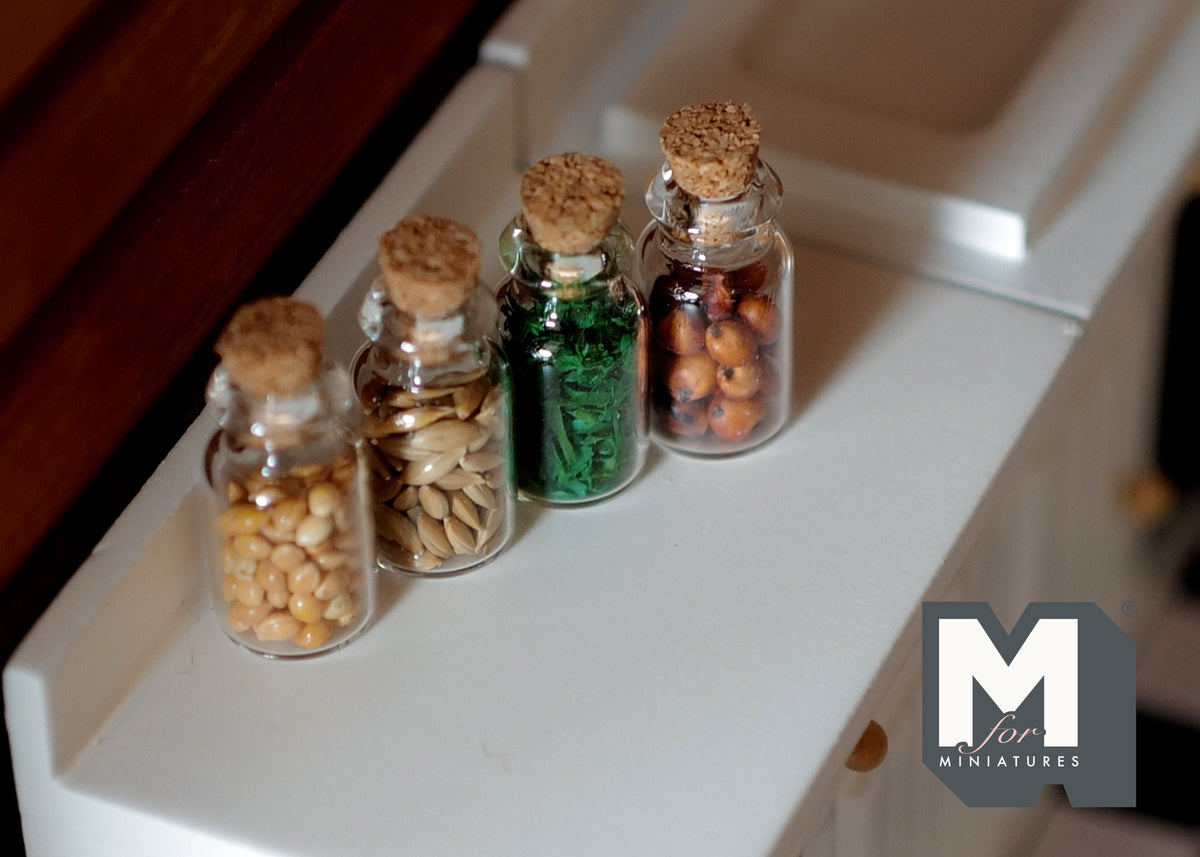 1:12 Scale Miniature Glass Spice Jars with Cork Lids, Set of 5, 1 inch tall, DIY Dollhouse Supply