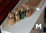 1:12 Dollhouse Supplies miniature glass kitchen spice seasoning container bottle set of 4 with corks and ingredients - E091